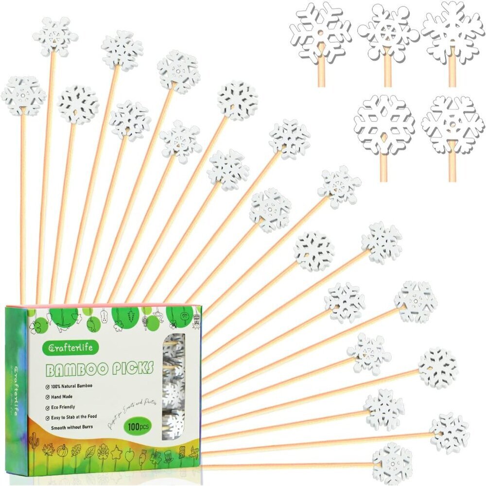 Eco-Friendly 100 Pcs Snowflake Cocktail Picks - Perfect for Winter Festivities